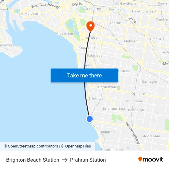 Brighton Beach Station to Prahran Station map