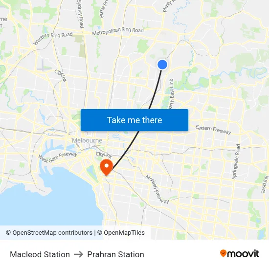 Macleod Station to Prahran Station map