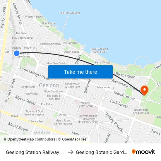 Geelong Station Railway Tce to Geelong Botanic Gardens map