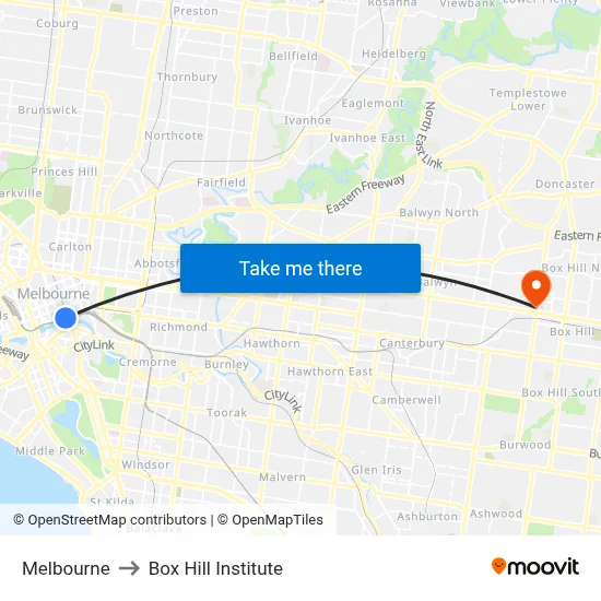 Melbourne to Box Hill Institute map