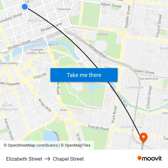 Elizabeth Street to Chapel Street map