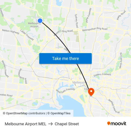 Melbourne Airport MEL to Chapel Street map