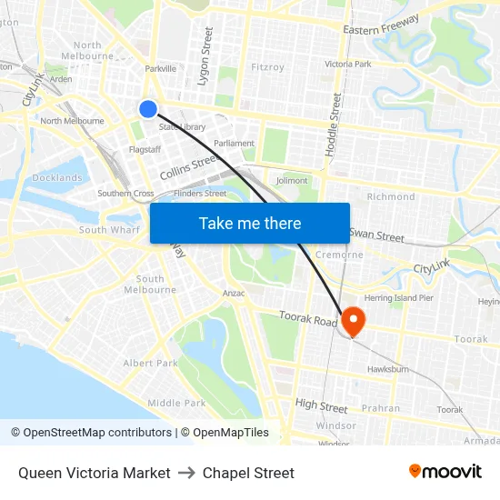 Queen Victoria Market to Chapel Street map