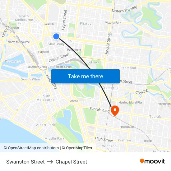 Swanston Street to Chapel Street map