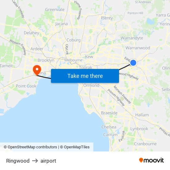 Ringwood to airport map