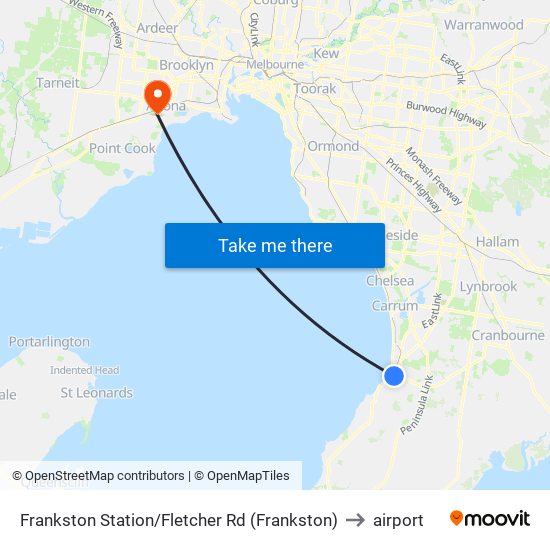 Frankston Station/Fletcher Rd (Frankston) to airport map