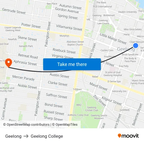 Geelong to Geelong College map
