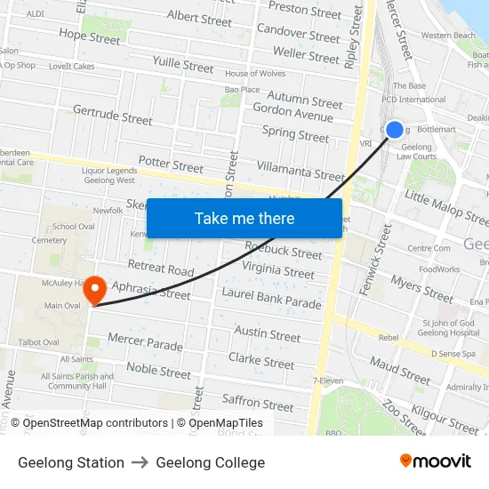 Geelong Station to Geelong College map