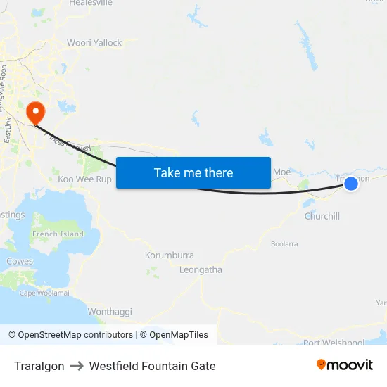 Traralgon to Westfield Fountain Gate map