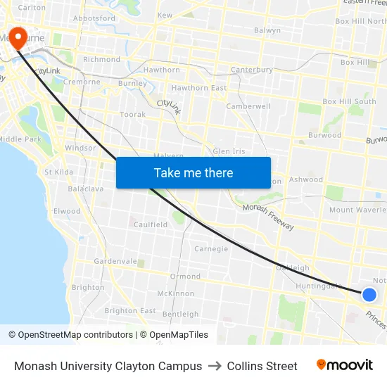 Monash University Clayton Campus to Collins Street map
