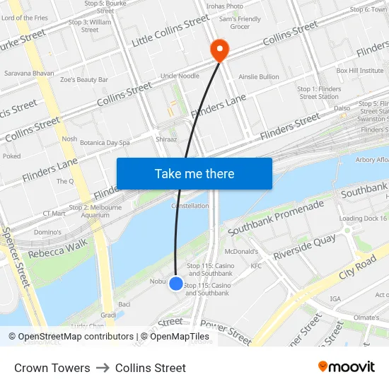 Crown Towers to Collins Street map