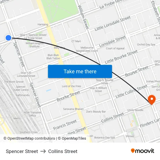 Spencer Street to Collins Street map