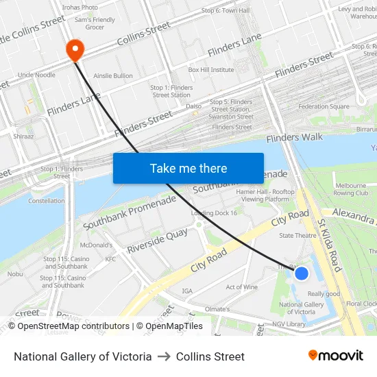 National Gallery of Victoria to Collins Street map