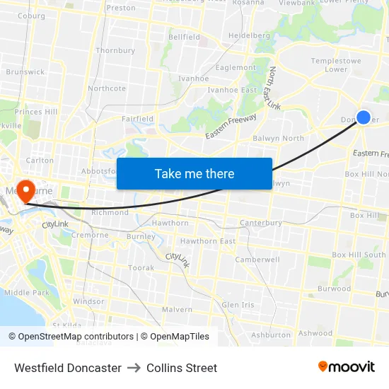 Westfield Doncaster to Collins Street map