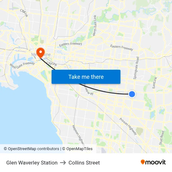 Glen Waverley Bus Interchange to Collins Street map