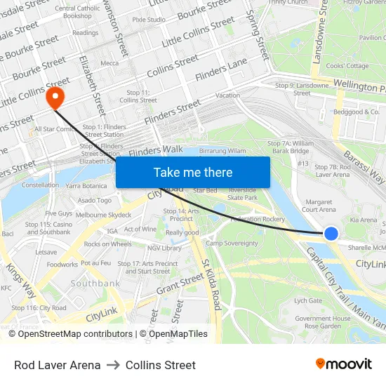 Rod Laver Arena to Collins Street map