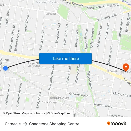 Carnegie to Chadstone Shopping Centre map