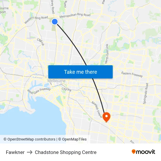 Fawkner to Chadstone Shopping Centre map