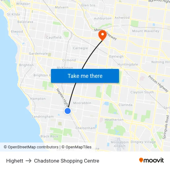 Highett to Chadstone Shopping Centre map