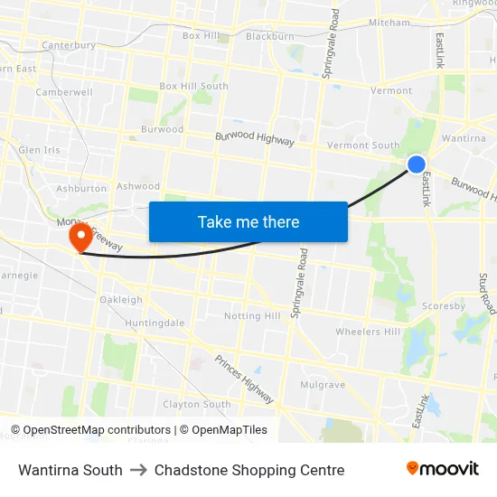 Wantirna South to Chadstone Shopping Centre map