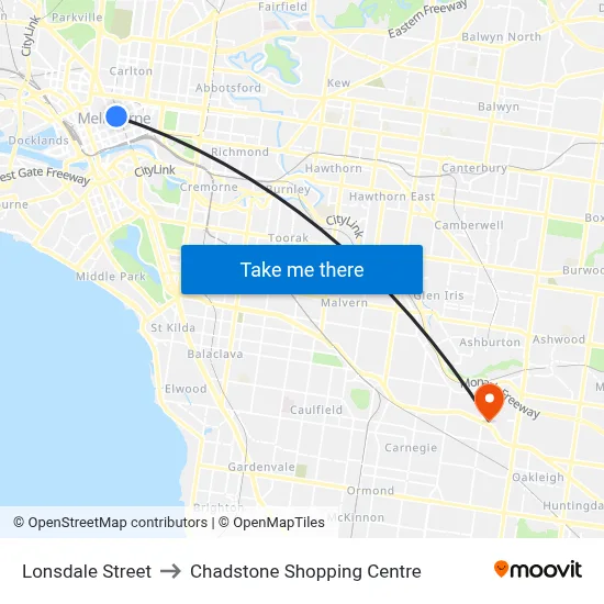 Lonsdale Street to Chadstone Shopping Centre map