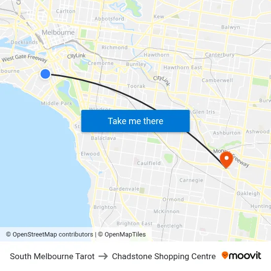 South Melbourne Tarot to Chadstone Shopping Centre map