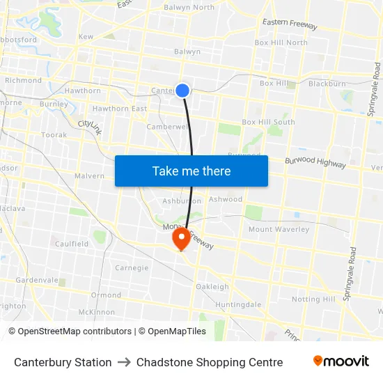 Canterbury Station to Chadstone Shopping Centre map