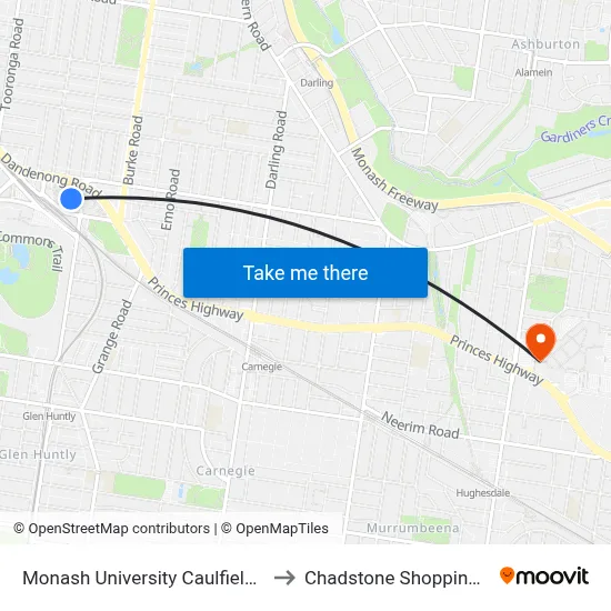 Monash University Caulfield campus to Chadstone Shopping Centre map