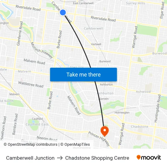 Camberwell Junction to Chadstone Shopping Centre map