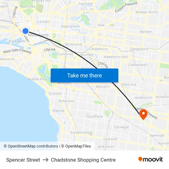 Spencer Street to Chadstone Shopping Centre map