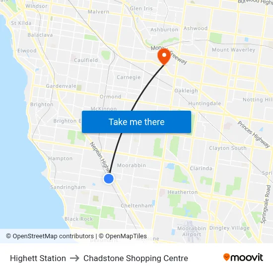 Highett Station to Chadstone Shopping Centre map