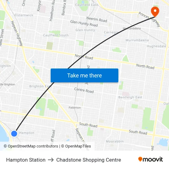 Hampton Station to Chadstone Shopping Centre map