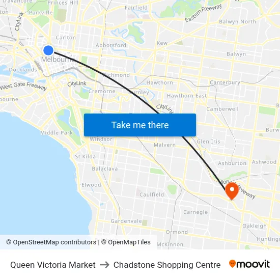 Queen Victoria Market to Chadstone Shopping Centre map