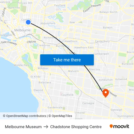 Melbourne Museum to Chadstone Shopping Centre map