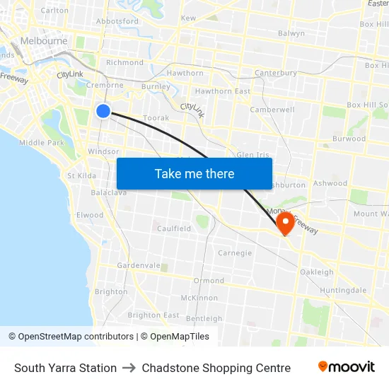 South Yarra Station to Chadstone Shopping Centre map