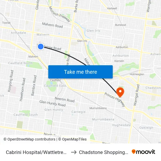 Cabrini Hospital/Wattletree Rd #47 to Chadstone Shopping Centre map