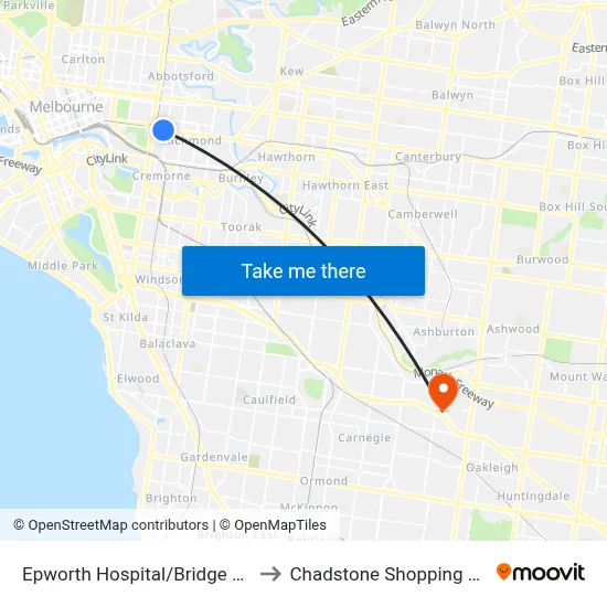 Epworth Hospital/Bridge Rd #15 to Chadstone Shopping Centre map