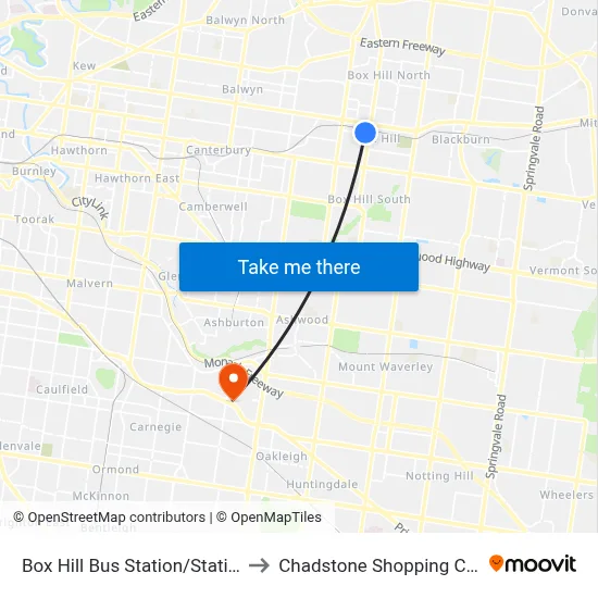 Box Hill Bus Station/Station St to Chadstone Shopping Centre map
