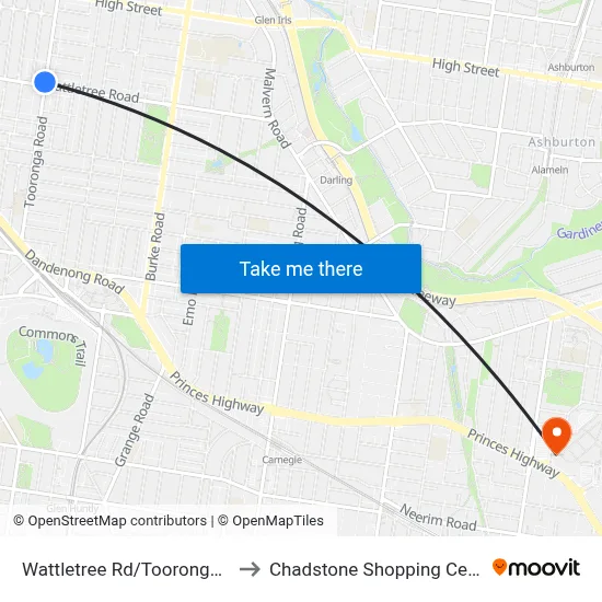 Wattletree Rd/Tooronga Rd to Chadstone Shopping Centre map