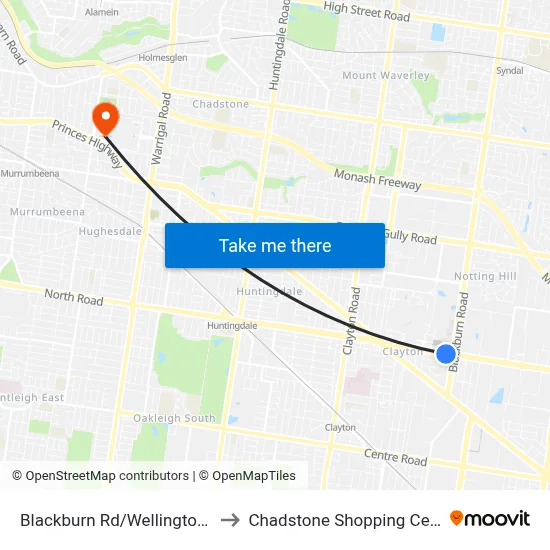 Blackburn Rd/Wellington Rd to Chadstone Shopping Centre map