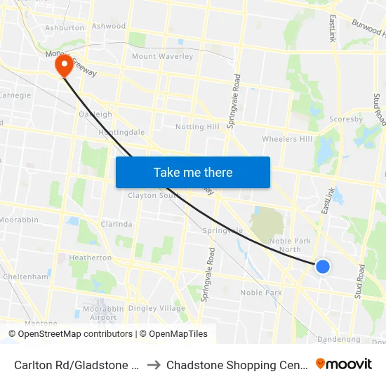Carlton Rd/Gladstone Rd to Chadstone Shopping Centre map