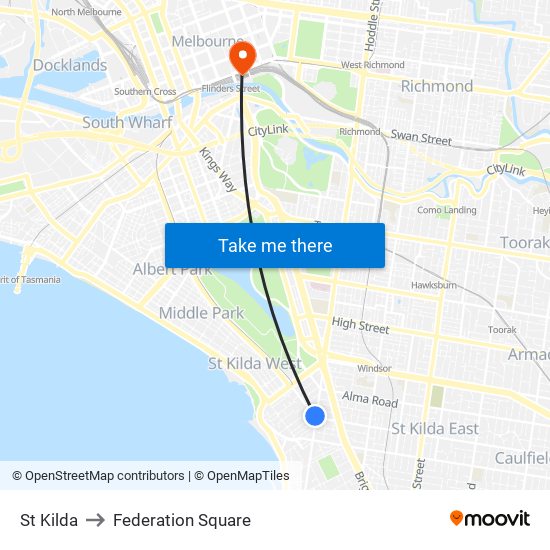 St Kilda to Federation Square map