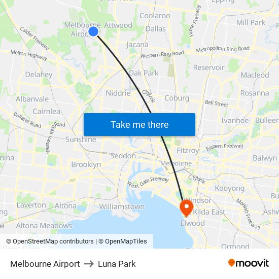 Melbourne Airport to Luna Park map