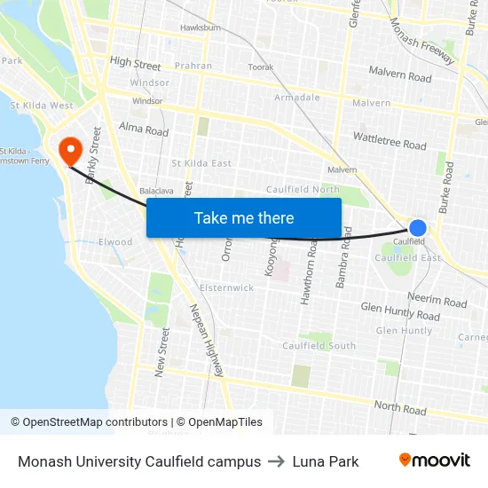 Monash University Caulfield campus to Luna Park map