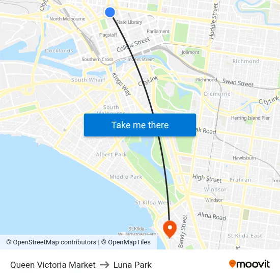 Queen Victoria Market to Luna Park map