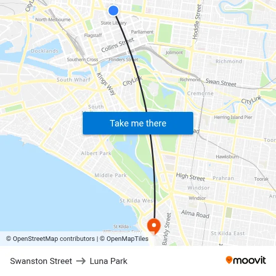 Swanston Street to Luna Park map