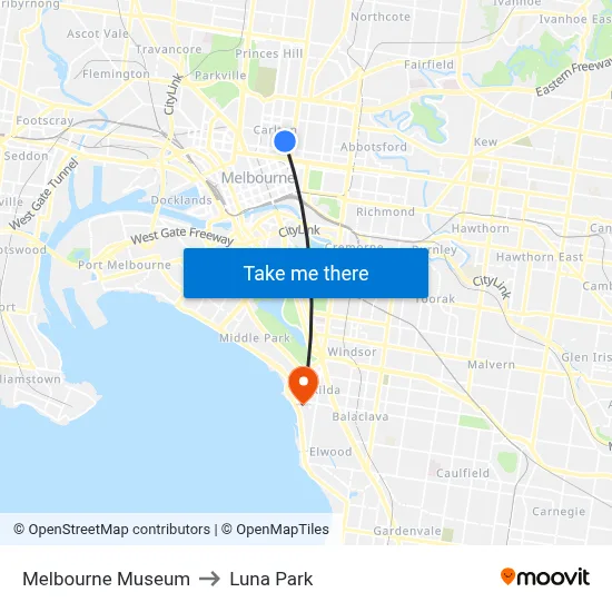 Melbourne Museum to Luna Park map