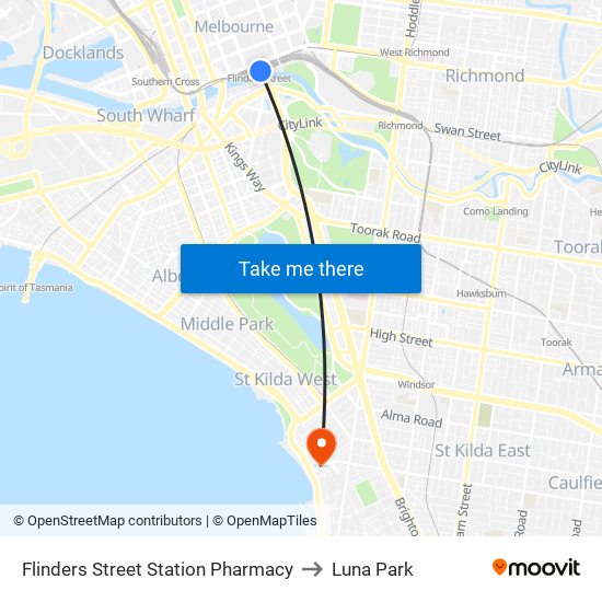 Flinders Street Station Pharmacy to Luna Park map