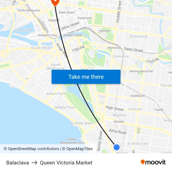 Balaclava to Queen Victoria Market map