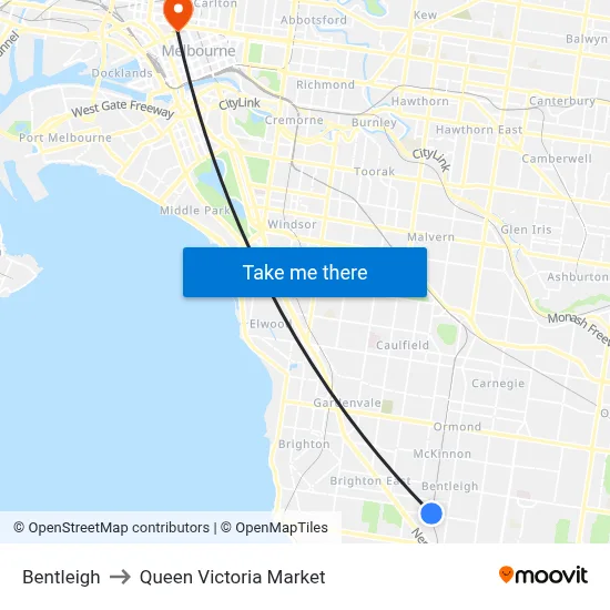 Bentleigh to Queen Victoria Market map